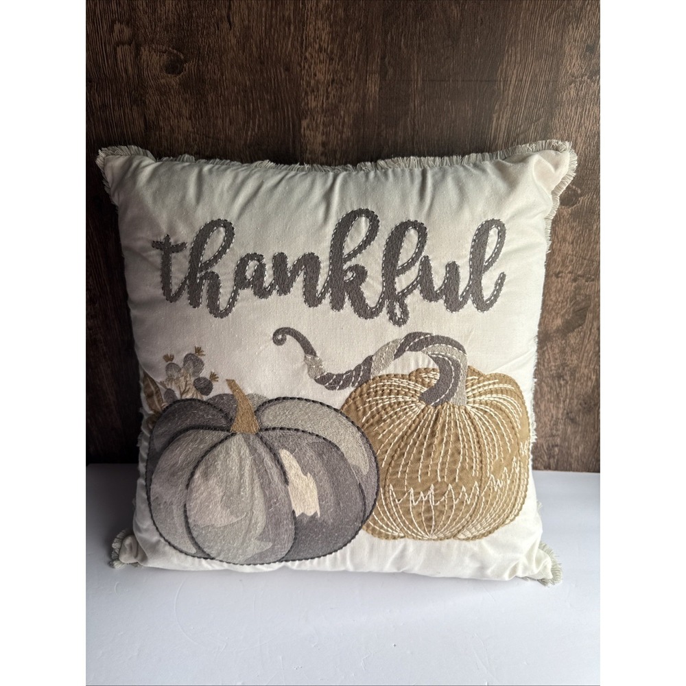 Pumpkin Thankful Pillow Embroidered Decorative Throw‎ Pillow Fall Decor 18x18